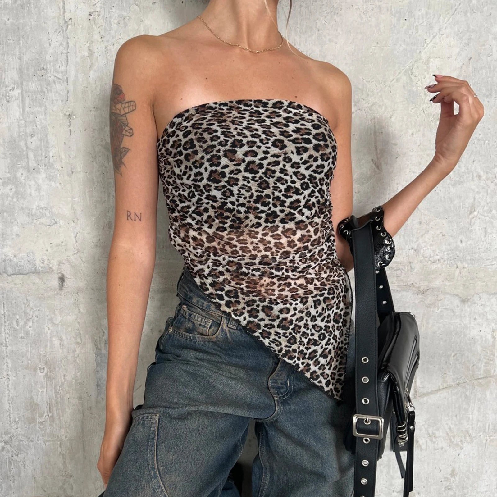BXOXO Women's Summer Slim Tube Tops Vintage Sleeveless Strapless Off Shoulder Leopard Print Bandeau Cami Vest Y2K Streetwear