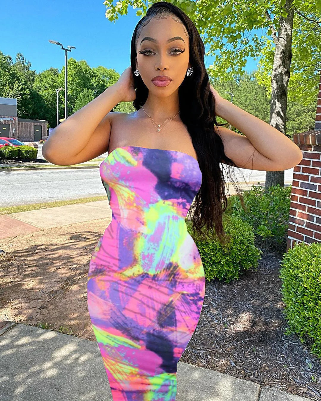 BXOXO Spring/Summer Women's Colorful Tie Dye Print Off Shoulder Wrapped Chest Dress