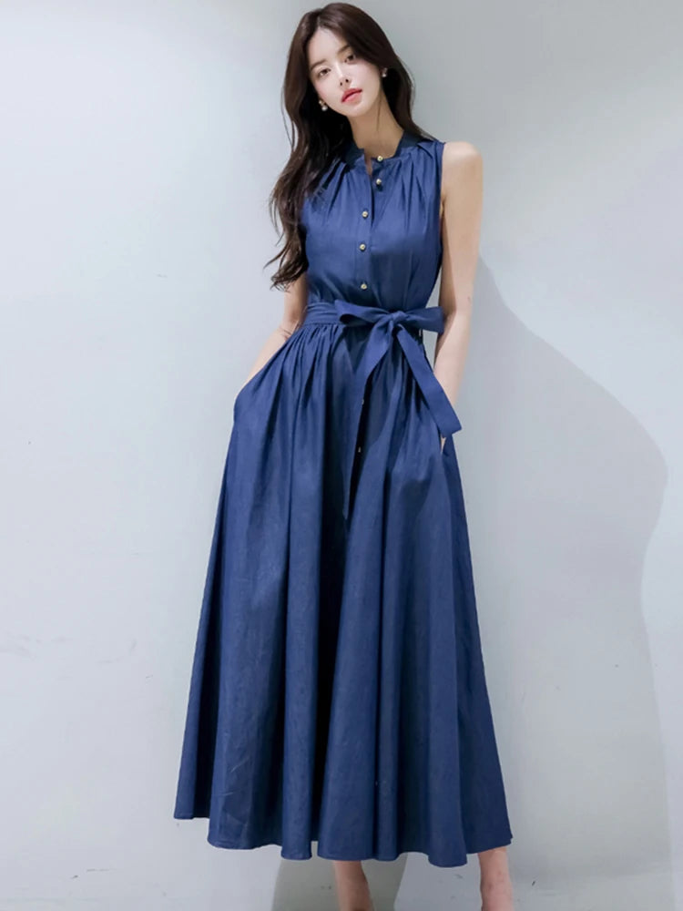 BXOXO Elegant Women Thin Denim Dress Summer Chic Korean Sleeveless A Line Long Dress Fashion Party Night Ladies Vestidos