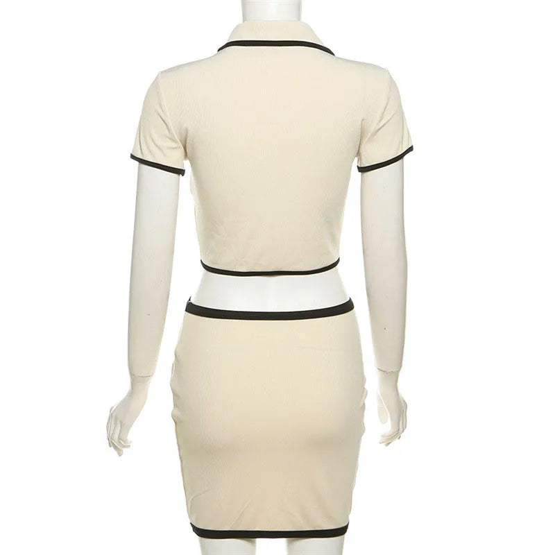 Bxoxo Summer New Ribbed 2 Piece Sets Women Elegant Lapel Button Short Sleeve Crop Tops Y2K Streetwear Matching Slim Mini Skirt Suit