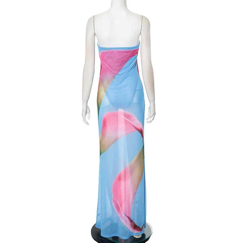 BXOXO Off Shoulder Strapless Floral Print Beach Vacation Chiffon Dress Women Summer Sleeveless Backless Maxi Long Dresses