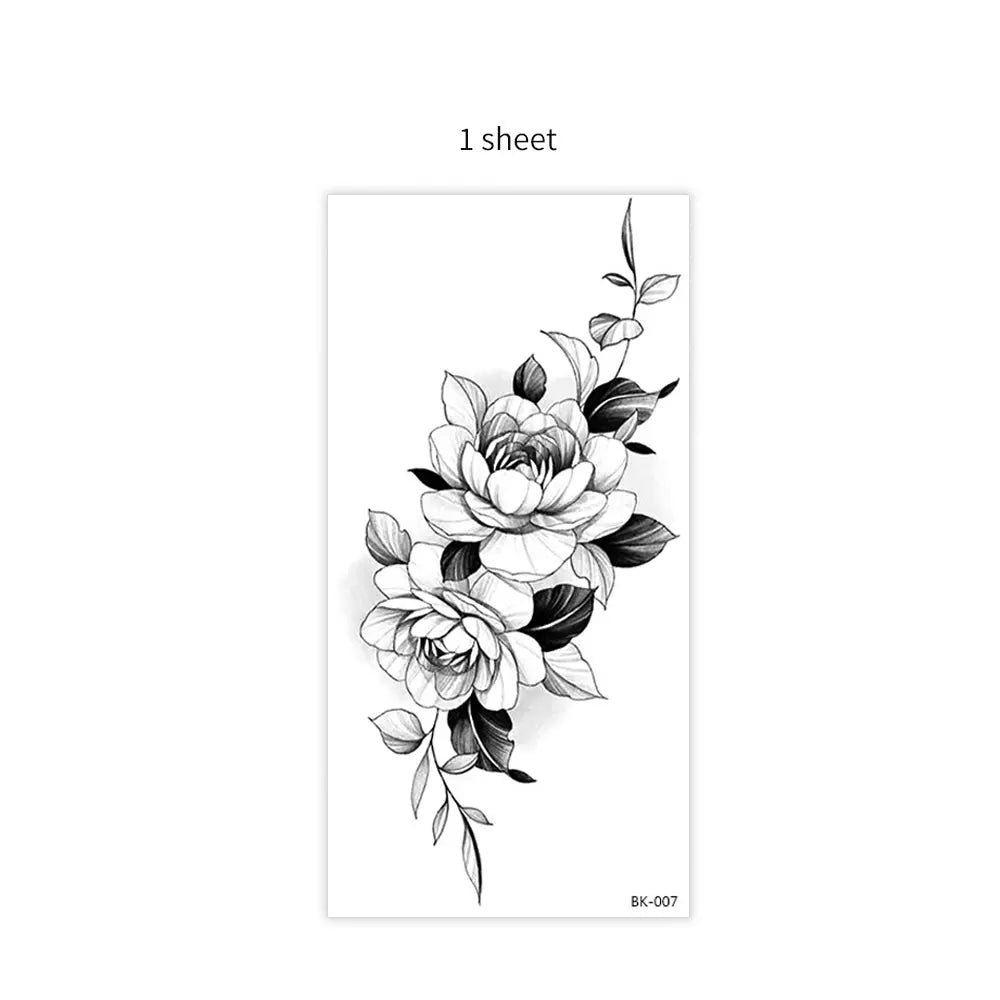 BXOXO 1/4pcs Black Flower Temporary Tattoos for Women Men Waterproof Realistic Floral Tattoo Stickers for Hand Arm Body Fake Tattoo