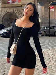 BXOXO Square Collar Mini Dress For Women Clothing Long Sleeve Bodycon Vestidos De Mujer Black Sexi Night Dress Hot One Piece Outfits