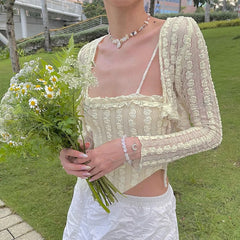 BXOXO Fairycore Lace Knotted 2pcs Tops For Women's Spring Summer Outfits Long Sleeve Crop Tops + Camisole 2000s Streetwear