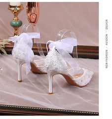 BXOXO Size 33-42 Summer Beaded Women White Wedding Shoes Ankle Strap Pointed High Heel Pumps