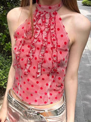 Bxoxo Sexy Cropped Slim Dot Tanks Women Vintage Sweet Halter Tanks Summer Streetwear Female Retro Sleeveless Korean Casual Tops