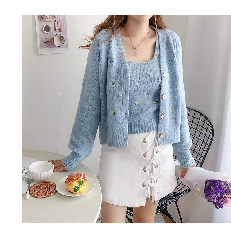 Bxoxo Two-piece Top Suit Flower Embroidered Knitted Korean Style Cardigan Autumn Fashion Sling Sweater Slim Sweet Jacket Sets