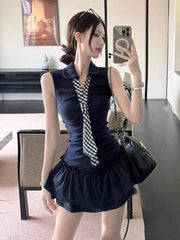 Bxoxo Plaid Tie Hot Girl Skirt Suit Summer New V Neck Patchwork Sleeveless 2 Piece Set Female High Waist Sweet Preppy A Line Skirts