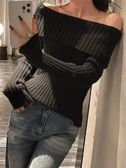 Bxoxo Autumn Winter Solid Color Rib Knitted Off the Shoulder Pullover Sweater Sexy Women Full Sleeve Slim Stretch Knitwear Jumper