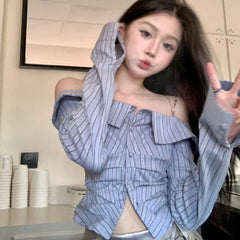 BXOXO French fashion and elegant long-sleeved off-shoulder striped shirt women tops unique casual one-shoulder slim short top clothing