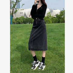 Bxoxo Vintage High Waist Women Denim Midi Skirt Summer Korean Thin Section Slit A Line Skirts Fashion Casual All Match Denim Skirts