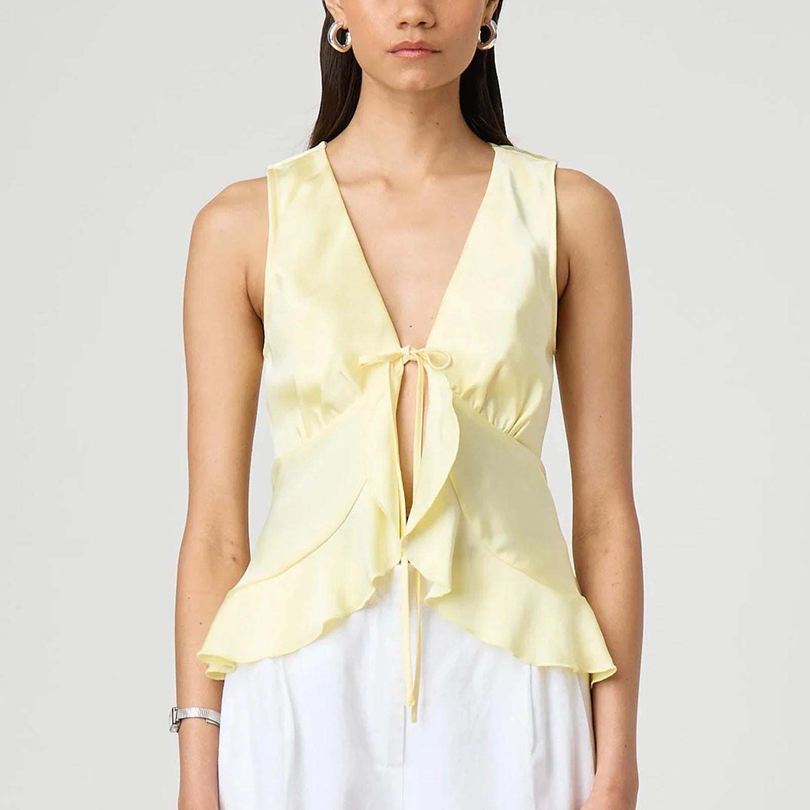 BXOXO Women Fashion Satin Vest Sleeveless Lace Up Front Ruffle Hem Tank Top Solid Color Tie Camisole Summer Going Out Top