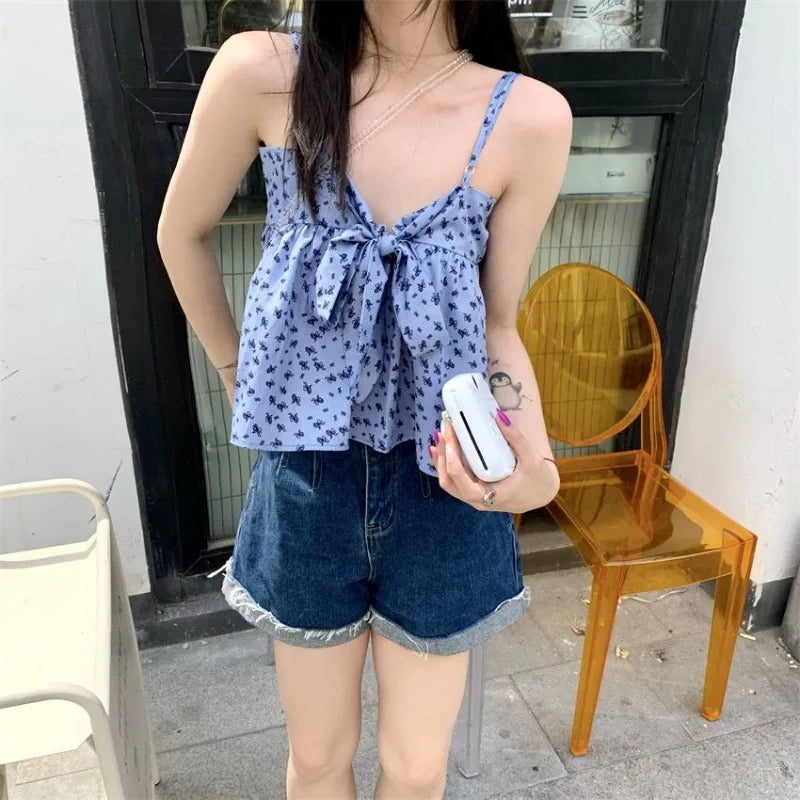 BXOXO Camis Women Sweet Bow Bandage V Neck Summer 2025 Fashion Sweet French Style Chic Crop Tank Tops Ladies Casual Y2k Top