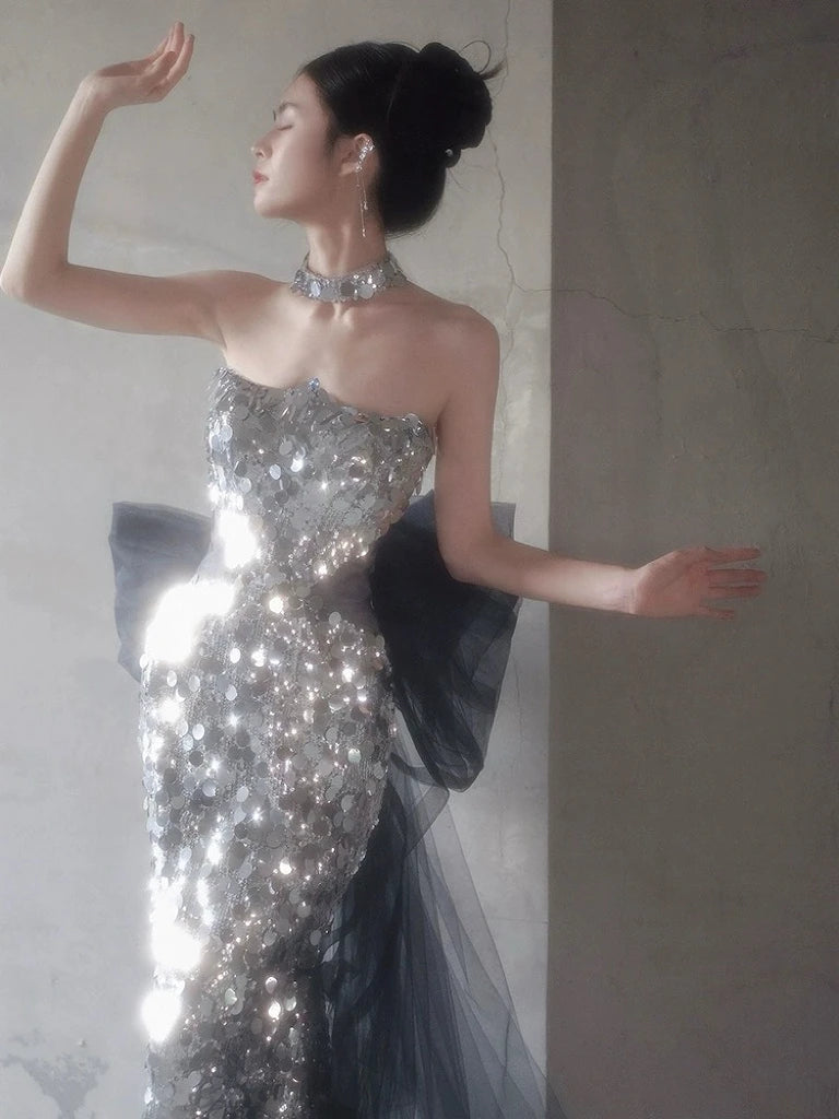 BXOXO Sequins Mermaid Celebrity Dresses Boat Neck Sleeveless Silver Glitter Shiny Luxury Quinceanera Detachable Bow Prom Evening Gowns