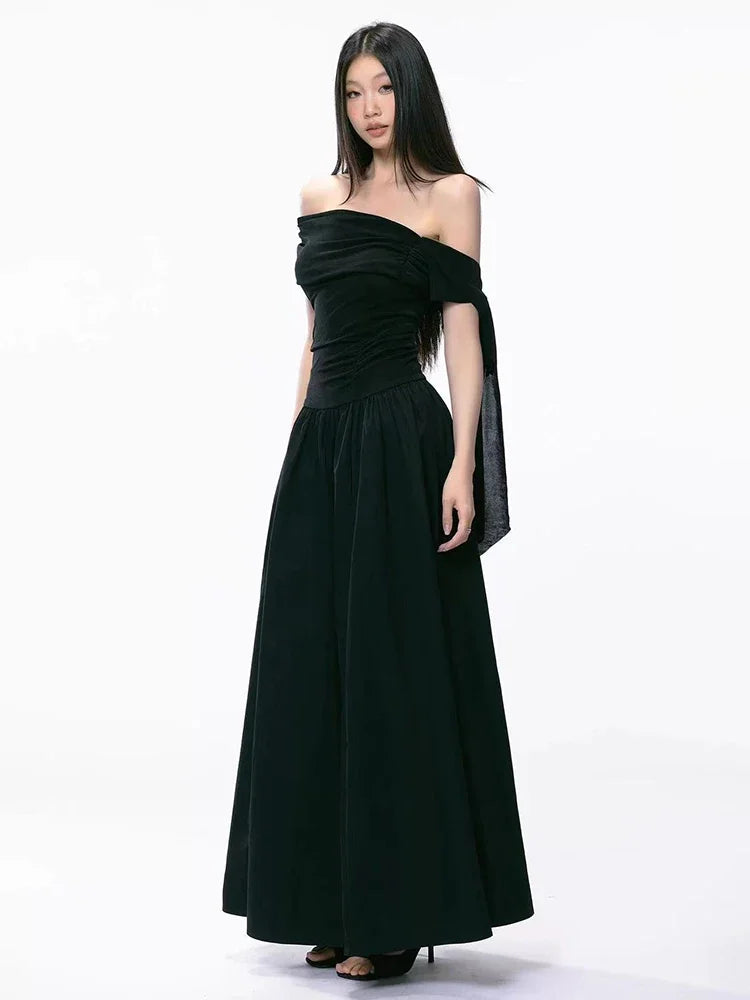 Bxoxo Elegant Hepburn Style Slash Neck Women Midi Dress Y2K Sexy One Shoulder Sleeveless Black Dress Summer Evening Party Vestidos