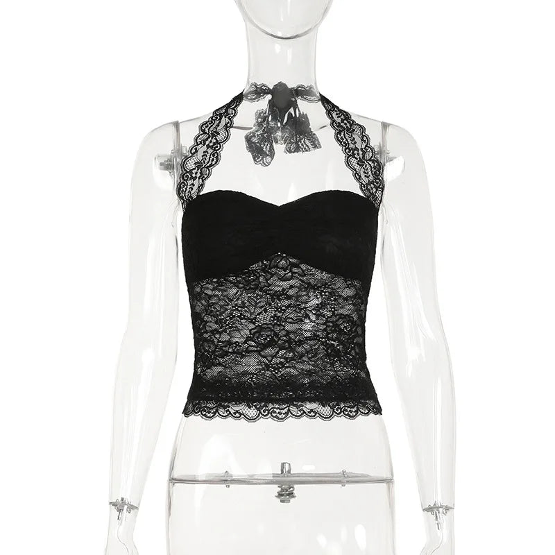 BXOXO Women's Halter Crop Tops Stylish Solid Sheer Lace Floral Pattern Sleeveless Lace Tank Tops Perfect for Summer