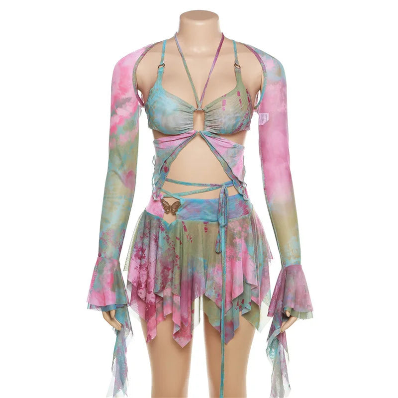 BXOXO Colorful Women 3 Piece Set Sexy Tie Dye Print Irregular Butterfly Camisole+Crop Tops+Skirts Matching Streetwear Outfits
