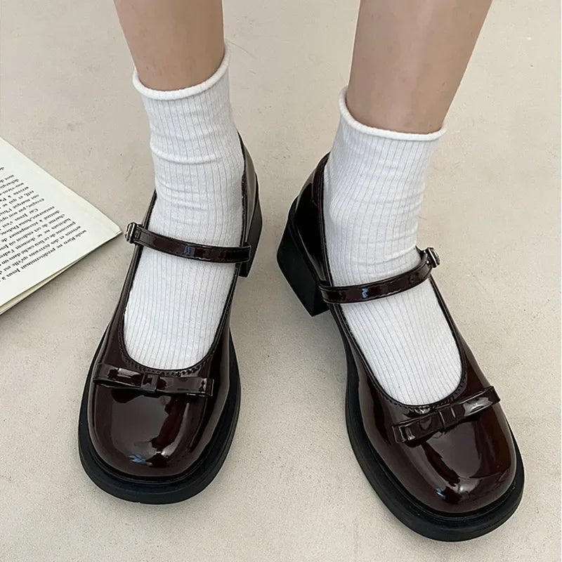 BXOXO Brown Jk Uniform Shoes British Style Retro Japanese Mary Jane Shoes Women's Lolita Bow Sweet Girls Kawaii Mid Heel Cute Laofers