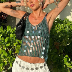 BXOXO Women's Knit Tank Tops with Sequin Summer Backless Sleeveless Spaghetti Strap Slim Fit Hollow Out Camisole Beach Coverup