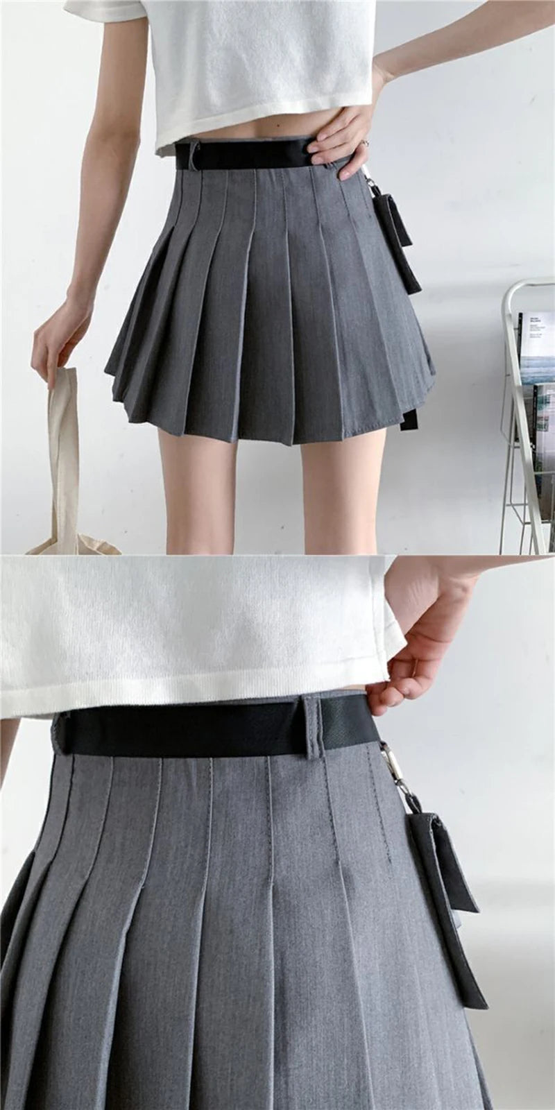 Bxoxo Harajuku Belt Pleated Cargo Skirt Women Fashion Gothic High Waist Pocket Mini Skirts Fashion Summer Lady A Line Black Skirt