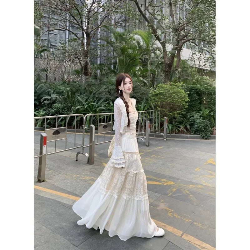 Bxoxo Sweet Style Lace Hollow out Women's Three-Piece Set Cardigan Tube Top Vest Spring Skirt Ensemble Adorable Fashion Ensemble