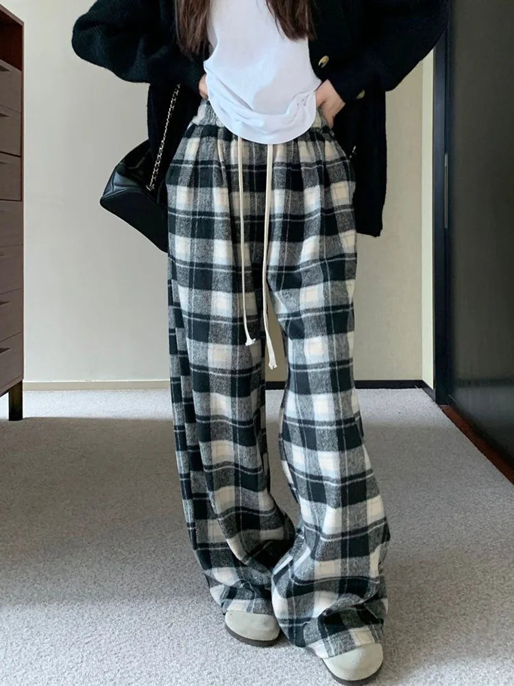 Bxoxo Vintage Faux Woolen Plaid Pant Women High Waist Soft Loose Wide Leg Trousers Casual Female Fall Winter Pockets Retro Y2K Pants
