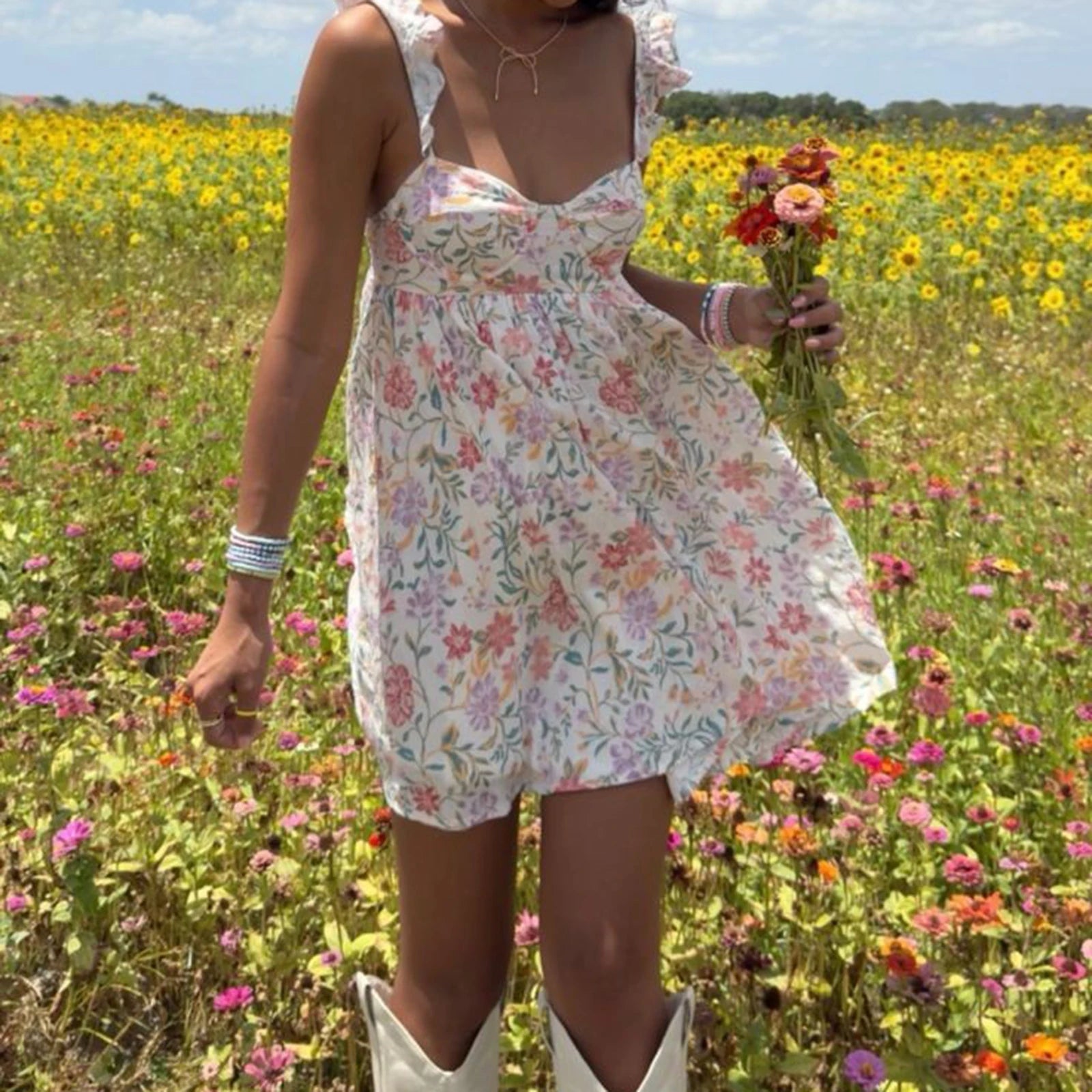 BXOXO Women Fairy Spaghetti Strap Mini Dress Y2K Floral Babydoll Short Dress 2025 Summer Backless Party Dress Streetwear