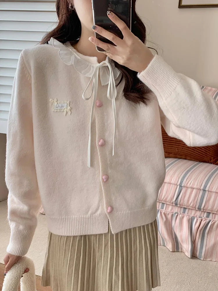 Bxoxo Ruffles Sweet Cardigan Women Cute Long Sleeve Bow Sweaters Preppy Style O Neck Japan Kawaii Letter Lace Up Love Buttons Top