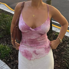BXOXO Women V Neck Sleeveless Layers Crop Tops Y2k Coquette Tie Dye Print Camisole Boho Beach Backless Tank Tops Laides Vest