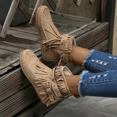 BXOXO Botines Autumn Flat Heel Ankle Boots Retro Suede Tassel Women Boots Fashion Round Toe Soft Sole Short Boots Casual Women Shoes