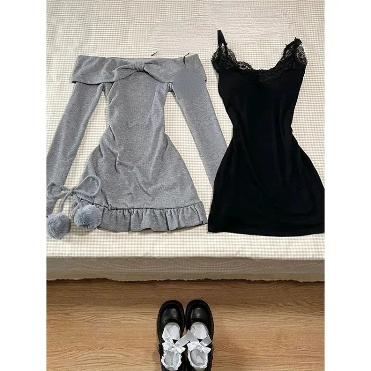 BXOXO Sweet Sexy Lace Patchwork Black Camisole Dress for Women+ Long Sleeve Slim Fit Y2k Crop Tops Autumn New Two Piece Sets Outfits