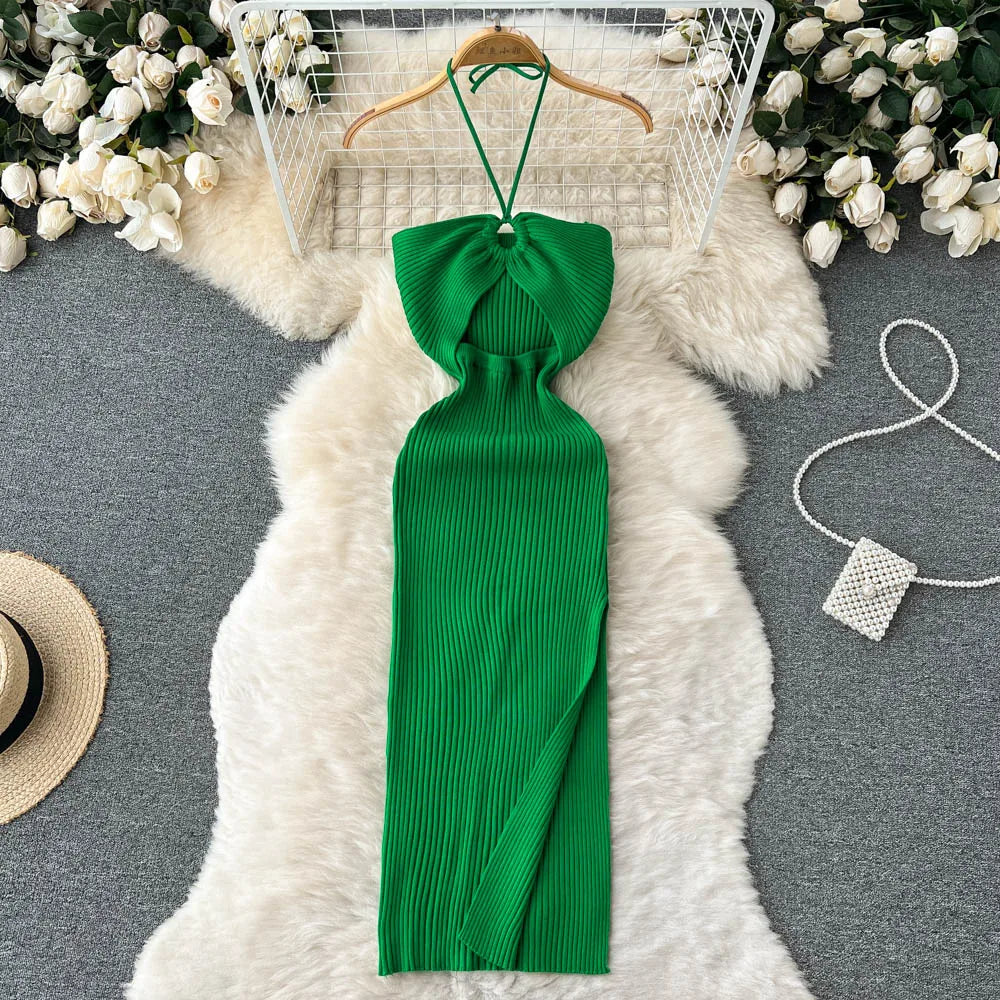 BXOXO Chic Fashion Sexy Package Hips Split Knitted Summer Dress Women Slim Elastic Bodycon Party Dress Streetwear Outfits