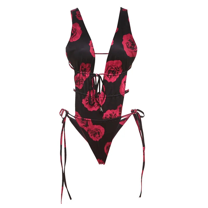 BXOXO Sexy Rose Print Bodysuit Women Deep V-Neck Backless Bandage Beach Vacation Stretch Midnight Party Club Wild Y2K Tops