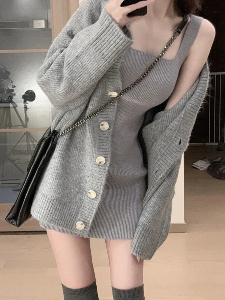 BXOXO Gray 2 Piece Dress Set Women Casual Long Sleeve Cardigan + Bodycon Strap Sweater Dress Evening Party Knitted Suit