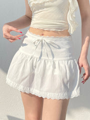 BXOXO Summer New Sweet Simple Lace Spliced Skirts Fashion Solid All-Match Basic Women Skirts
