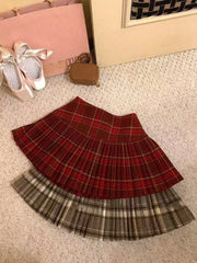 Bxoxo Vintage Plaid Pleated Skirts Women Y2K Autumn Winter Preppy Faux Woolen Mini Skirts Female High Waist Sweet Blended Skirts New
