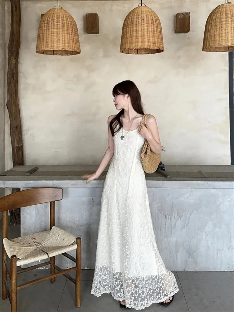 Bxoxo Vintage Embroidered Women Camis Dress Korean Chic Spaghetti Straps Midi Dress Y2K Ladies Elegant Beach Party A Line Dress