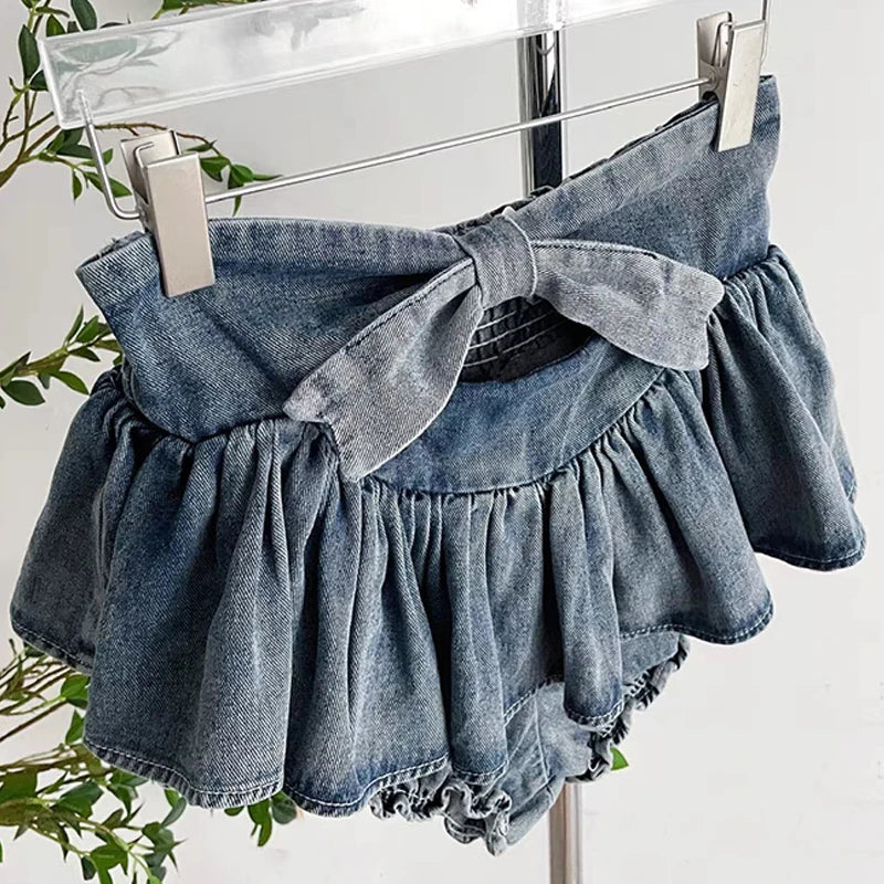 Bxoxo Y2k Bow Denim Skirt with shorts Kawaii Women Vintage Gyaru Ruffle Low Waist Sexy Pleated Mini Skirts Summer Streetwear