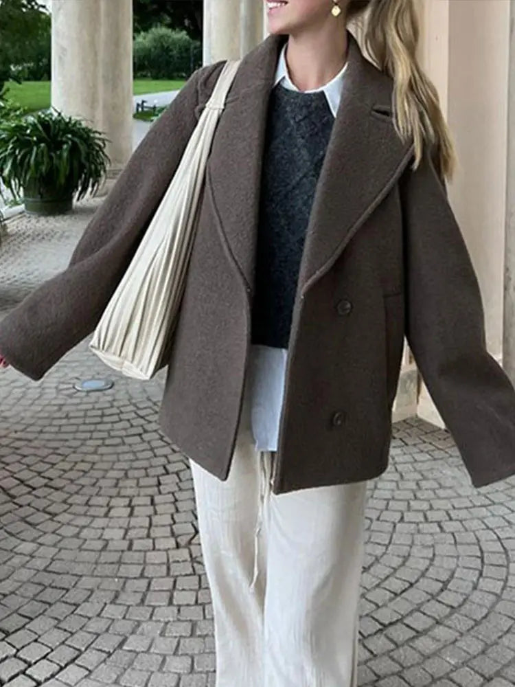 BXOXO Elegant Brown Woolen Coats Women Thick Lapel Single Breasted Pocket Jackets 2024 Autumn Winter Lady Long Sleeve Loose Outwear