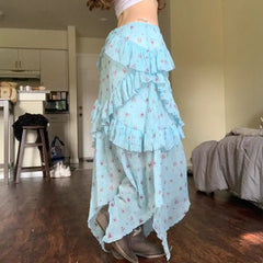 Bxoxo Vintage Floral Skirt Women Boho Mesh Y2k Ruffle Skirts Irregular Summer Fashion Layered Vacation Long Skirts Streetwear