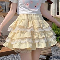 Bxoxo Japanese Sweet Lolita Cake Skirts Women Summer Lace Patchwork A Line Skirt Y2K Kawaii Ruffled Mini Skirts with Shorts Female
