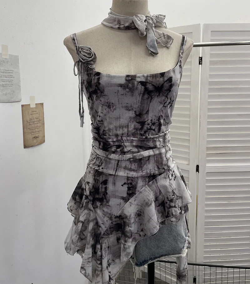BXOXO Women's Vintage Tie-dye Printed Mesh Spaghetti Strap Camisole Hot Girl Irregular Ruffled Ribbon Sleeveless Top Partyclub 1185