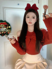 Bxoxo New Spring Fashion Off Shoulder Sweater Bottoming Top Women Big Bow Red Black Beige Knit Slim Pullover Long Sleeve Knitwear