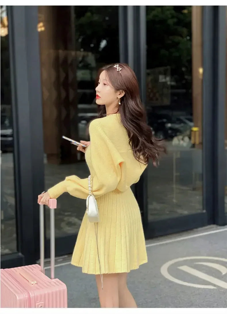 Bxoxo  Korean Autumn Winter Sweet Knitted Two Piece Dress Set Women Strap +Casual Coat Dress Set Style Solid Dress Suit