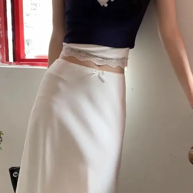 Bxoxo Elegant White Women Satin Skirt Fairycore Ruffle Mid Skirts Coquette A-line Basic Casual Korean Style Summer Silk Skirt