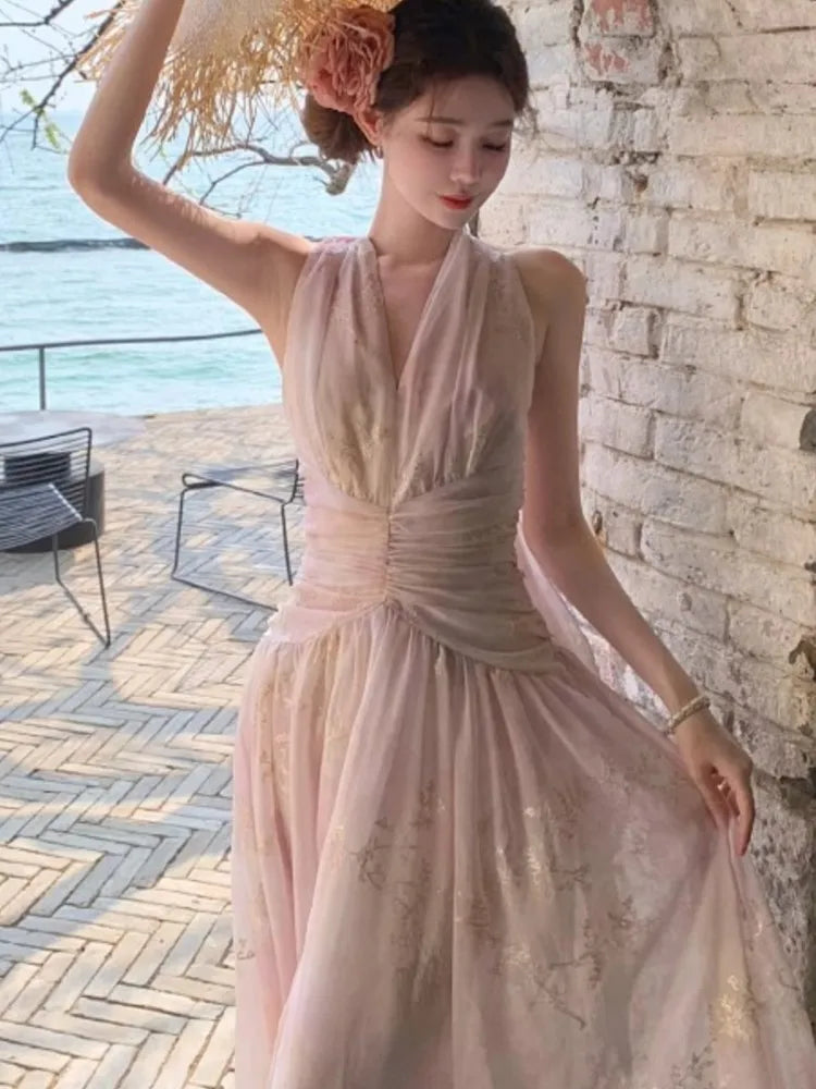 Bxoxo Women's French Floral Print Halther Dresses Summer Elegant V-Neck Slim Lace-up Midi Dress Sexy Beach Holiday 2025 New Fashion