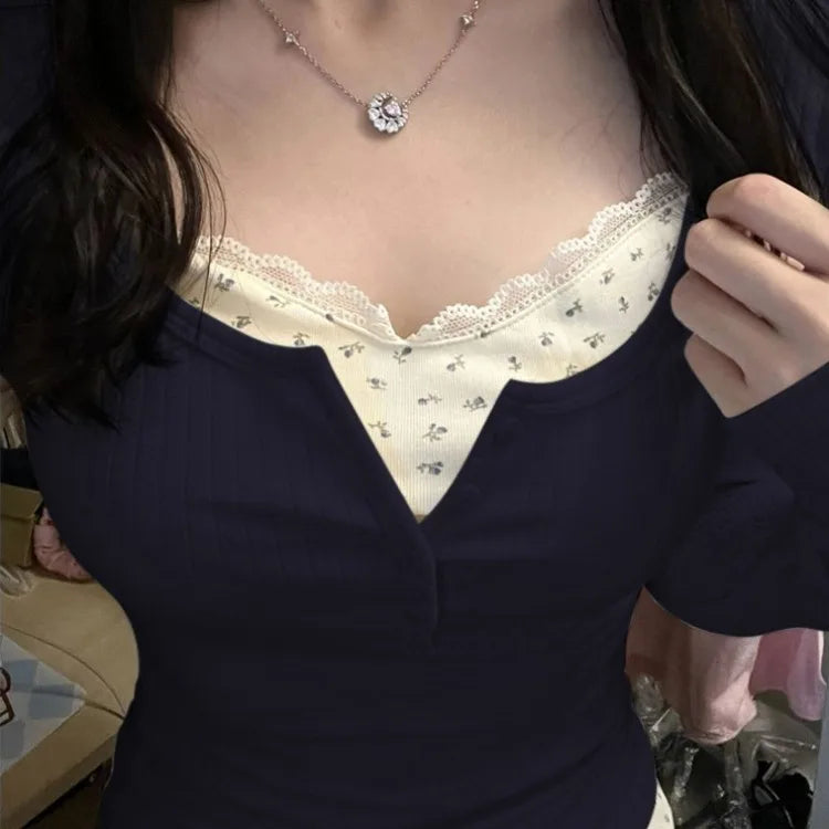 BXOXO Fashion Lace Floral Fake Two Piece T-shirts Y2k E-Girl Slim Fit Long Sleeve Tee Shirt 2025 Spring New Bottoming Tops Women