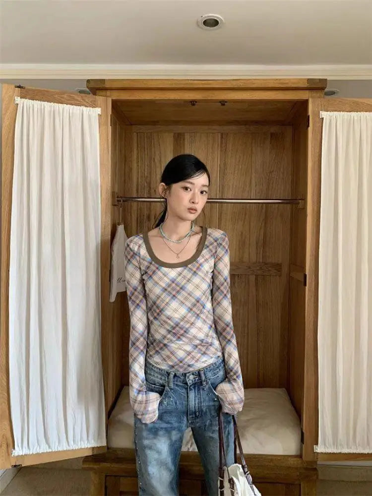 BXOXO Vintage Plaid T Shirt Women O Neck Skinny Tee Tops Streetwear American Retro 90s Crop Tops Autumn  Tshirts Female Chic