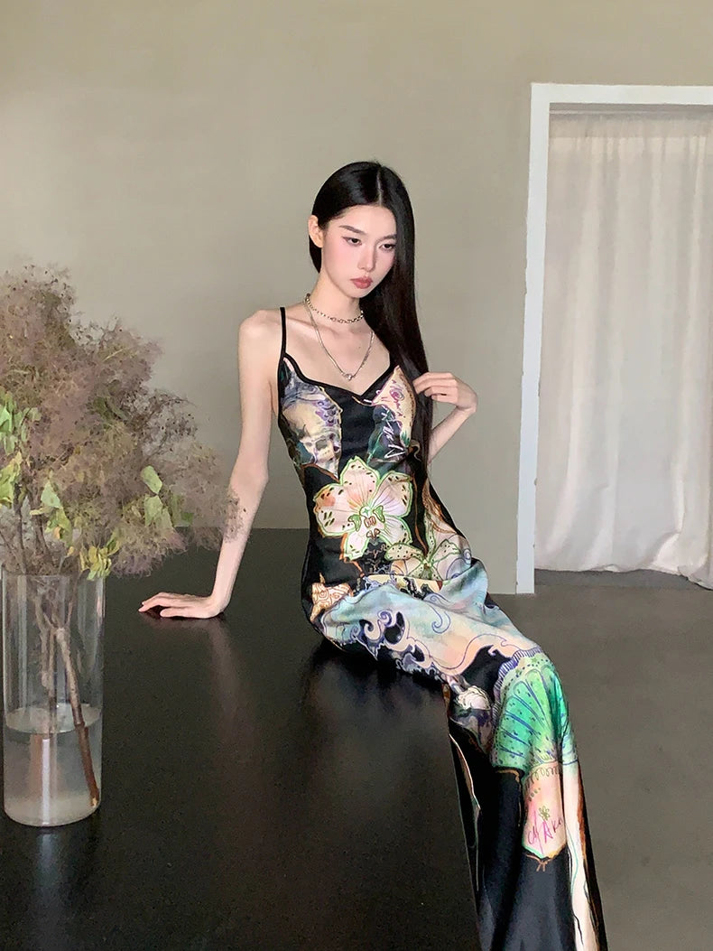 Bxoxo Ocean Flowers Backless Long Mermaid Dress For Woman Summer 2025 V Neck Midi Slip Dress Evening Party Clothes