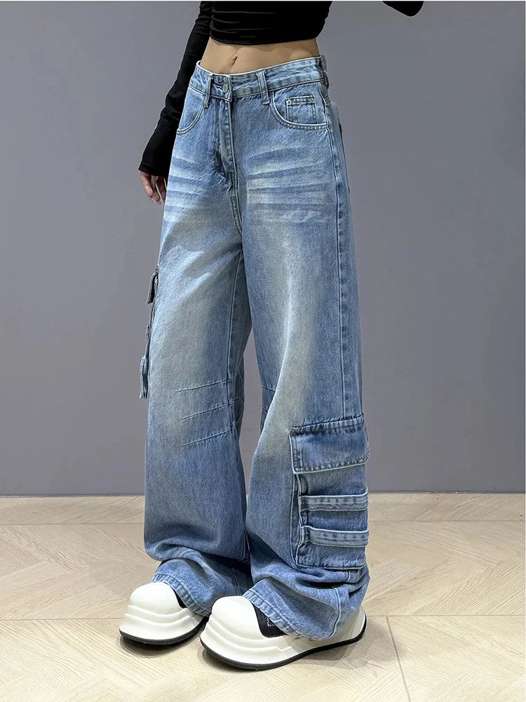 Bxoxo Street Vintage Cargo Jeans Women New Y2K Harajuku Wash Blue Multiple Pockets Baggy Jeans Denim Pants Bf High Waist Wide Trousers